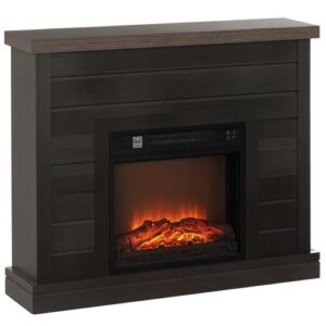 Caminetto elettrico con finitura in melaminico color legno e vetro temperato grigio.