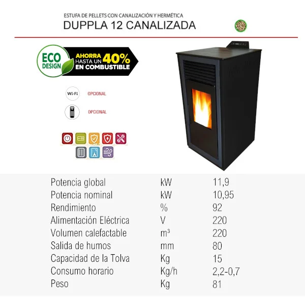 Stufa a pellet canalizzata Vertex Duppla 12kW nera Wi-Fi - immagine 2