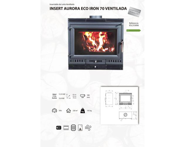 Inserto a legna ventilato Aurora 70, 13kW ghisa, 230m³ - immagine 5